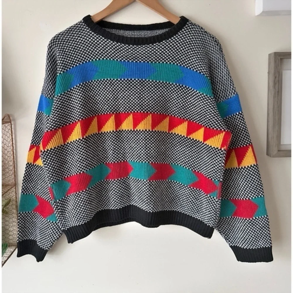 Vintage 80s 90s Southwestern Geometric Graphic Knit Sweater Adele Made USA Sz XL